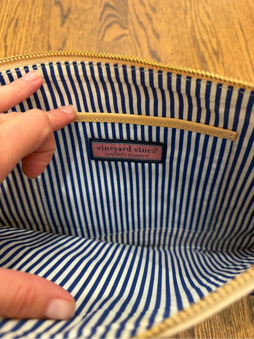 Vineyard Vines Navy and White Striped Zip Pouch with Pink Logo Patch